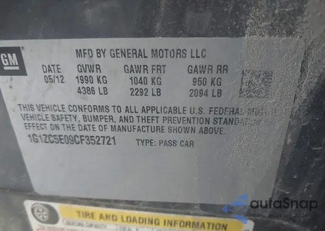 2012 Chevrolet Malibu 1Lt из США, поврежденный, VIN 1G1ZC5E09CF352721